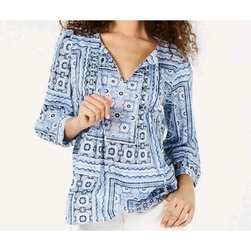 Tommy Hilfiger 3/4 Sleeve Boho Peasant Pleated Top Blue Bandana Print Cotton M